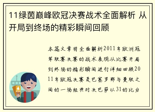 11绿茵巅峰欧冠决赛战术全面解析 从开局到终场的精彩瞬间回顾