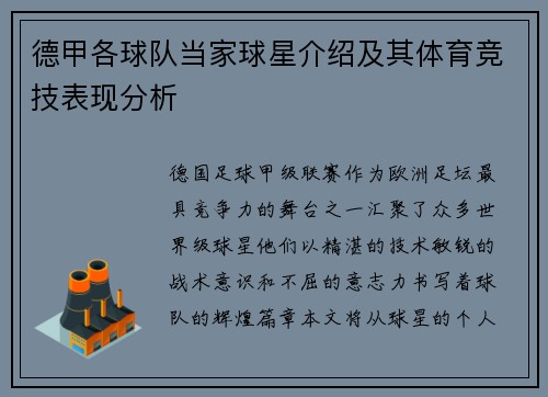 德甲各球队当家球星介绍及其体育竞技表现分析
